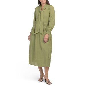 LUNA SKIES Olive Cotton Crinkle Tie Front Midi Dress